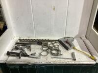 SHOP BOX W/ DRILL BITS, MAKITA HANDLE, STANLEY SHARP SHOOTER STAPLER & MISCELLANEOUS