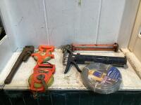 SHOP BOX W/ CHALKING GUNS, ZIRCON ELETRICALEVEL 25', PIPE WRENCH & MISCELLANEOUS
