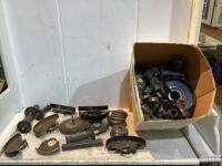 SHOP BOX W/ GRINDER GUARDS + HANDLES, DRILL PARTS, ASSORTED WRNECHES & DRILL CHACKS