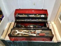 TOOL BOX W/ PILERS, WRENCHES, DRILL BITS, TORCH ATTACHMENT, SCREWDRIVERS & MISCELLANEOUS++
