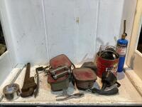 SHOP CRATE W/ VEHICLE PARTS, PIPE WRENCH, TURBO TORCH, REFLECTIVE TAPES & MISCELLANEOUS