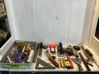 SHOP BOX W/ MIXED FLASHING LIGHTS, SCISSORS, WIRE BRUSHES, MEASURING TAPES, BOX CUTTER & MISCELLANEOUS++