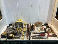 SHOP BOX W/ MEASURE TAPES, FLASH LIGHT, SCISSORS, STAPLER & MISCELLANEOUS+