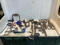 SHOP BOX W/ MIXED CLAMPS, MEASURES, HAND DRILL & MISCELLANEOUS