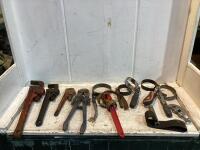 SHOP BOX W/ OIL FILTER WRENCHES, PIPE WRENCHES, BOLT CUTTER & MISCELLANEOUS