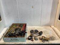 SHOP BOX W/ CHALKING GUNS, FITTINGS, GAUGES & MISCELLANEOUS