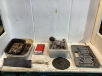 SHOP BOX W/ WRENCHES, SOCKETS, DRILL BITS, ALLEN WRENCH & MISCELLANEOUS (SAE & METRIC)