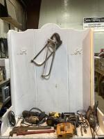 SHOP CRATE OF TOOLS W/ HACKSAWS, WRENCHES, DEWALT DRILL, BLACK+DECKER JIGSAW & MISCELLANEOUS