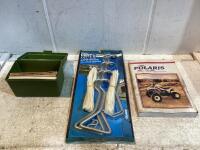 SHOP BOX W/ POLARIS MANUAL, RV AWNING STABILIZER KIT & BOX OF PAPER CARDS
