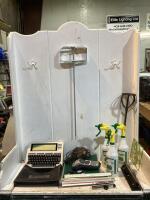 SHOP BOX W/ SPRAY BOTTLES, MEASURES, BINDER, RADIO SHACK PORTABLE COMPUTER, DYMO LETRA-TAG & MISCELLANEOUS
