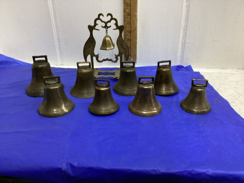 8 BRASS BELLS AND ONE DECORATIVE BELL