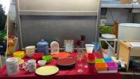 COLOURFUL KITCHEN ITEMS & DECOR - PLASTIC PLATES & CONDIMENT TRAY, CANDLE HOLDERS, SCENTSY BURNER, METAL MIRROR, BLUE CANISTER