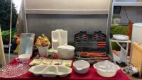BOX OF KITCHENWARE - FIREKING CASSEROLE, SALAD SPINNER, SNACK PLATTER, CERAMIC &ldquo;VEGGIE&rdquo; CONTAINER, LARGE LOAF PANS, ETC.
