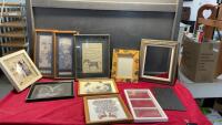 BOX OF ASSORTED WOOD FRAMES - SOME W/ PICTURES