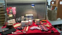 BOX OF BEAUTY SUPPLIES - MIRROR, FACIAL SPA, SCENTSY BURNER, SMALL &ldquo;NIGHT ON THE TOWN&rdquo; PURSE, THIRTY ONE BAG, WINE GLASSES ETC