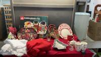 BOX OF CHRISTMAS - , TABLECLOTHS, TREE CAKE PAN, SNOWMAN PLATTER, MUGS, TIN PLATTERS, (6) PLATES