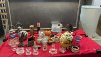 BOX OF CANDLE HOLDERS & A FEW CANDLES