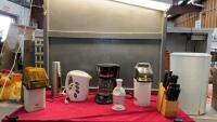 BOX W/ KITHEN ITEMS - AIR POPCORN POPPERS, KNIVES IN BLOCK, COFFEE MAKER, ELECTRIC KETTLE, THERMOS, FOOD CHOPPER