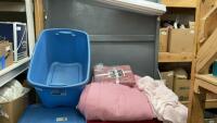 GOOD LIDDED TOTE W/ BEDDING - NEW CHENILLE THROW, PINK COMFORTER, PINK CROCHET LOOK THROW
