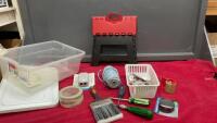 FOLDING STEP STOOL, ROLL OF ROPE, PAINTBRUSH, TAPE, MISC TOOLS