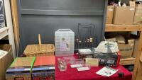 PLASTIC STOARGE BOX, BUTTONS, SIDEWINDER BOBBIN WINDER, (2) NEW STORAGE BOXES, METAL BOBBIN HOLDER W/ SOME BOBBINS, B&D IRON