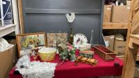 MISC DECOR ITEMS - BRASS VASE, EASTER EGG BOWL, ROCKING HORSE BANK, &ldquo;CHICKEN&rdquo; FLY SWATTER, PICTURES, DOILIES ETC