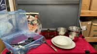 ASSORTED KITCHENWARE - STAINLESS BOWLS, UTENSILS, MIKAS SERVING BOWL & PLATTER AND A &ldquo;COWBOY LIVING&rdquo; SPATULA