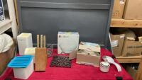 (1) TOTE W/ LID OF ASSORTED HOUSEHOLD - (3) METAL STORAGE TINS VARIOUS SIZES, KNIFE BLOCK W/ ASSORTED KNIVES, SERVING BOWLS, ETC.