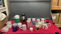 BOX OF ASSORTED COFFEE MUGS, PLASTIC THERMOS, KETTLE, AND A TEA SEPERATOR