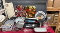 BOX W/ BAKEWARE, SARAN WRAP & DISPENSER, METAL TRAYS, GLASS MEASURING CUPS, NAPKINS & HOLDER, SPRINGFORM PAN ETC