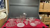 MISC CLEAR GLASSWARE - WATER PITCHERS, PLATTERS, BOWLS, (2) PLATES