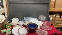 BOX W/ CANNING SNAP LIDS & RINGS, MISC CORELLE DISHES, GLASS PLATTERS & PIE PLATES, SET OF 3 BOWLS