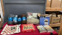 BOX W/ BLANKETS, HOT AIR POPCORN POPPER, CHECKERS GAME, ELECTRIC BLANKET AND A COUPLE OF NOVELS