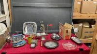 VINTAGE ITEMS - TWINPLEX STROPPER, GAS IRON, SILVERPLATE ITEMS, MEAT GRINDER, BRASS HAND INSECTICIDE SPRAYER,