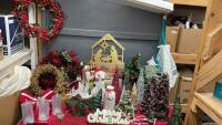 (2) TOTES W/ LIDS OF ASSORTED CHRISTMAS DECORATIONS - REINDEER ORNAMENTS, CHRISTMAS TREE STATUES, SIGNS, WREATHS, ETC.