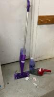 SWIFFER WET JET W/ ONE CONTAINER OF SOLUTION AND A DIRT DEVIL CORDLESS HAND HELD VACUUM