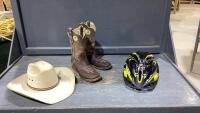 BOX W/COWBOY HAT, COWBOY BOOTS, BIKE HELMET