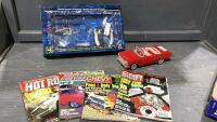 BOX W/SMALL RC HELICOPTER, MODEL CAR, CAR MAGAZINES