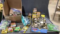 BOX FULL OF JAR LIDS, SNAP LIDS, RUBBER RINGS, CANNING UTENSILS