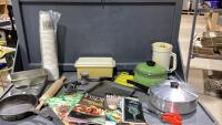 LAUNDRY BASKET W/KITCHEN ITEMS - CAST FRYPAN, RECIPE BOOK, POTS, TUPPERWARE PITCHER