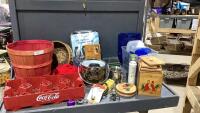 BASKET + BOX W/ICE BUCKET, WOOD CANNISTERS, COKE BOTTLE TRAY