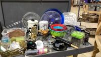 (2)BOXES OF KITCHEN + DECOR ITEMS - ICE BUCKET, MEASURING CUP,ANNIVERSARY CLOCK, ANTIQUE KNIVES,