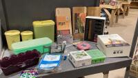 TOTE W/VINTAGE TUPPERWARE CANNISTERS, FERMATATION KIT, GRILLING PLANKS, HERB TRAYS, APPLE PEELER, CELERY CRISPER