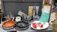TOTE W/SEIVE, POTS FRYPAN, THERMOS, CLEANING CLOTHS, (2)PLATTERS, VINTAGE COOKIE CUTTERS, PAPER TOWEL HOLDER, JERKY SCREEN