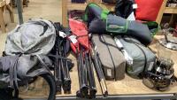 SHELF #1 - 2 TENTS, 2 FOLDING CHAIRS, SLEEPING BAG, BATTERY LANTERN, BACKPACKS