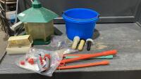 BOX W/ CALF PAIL, BOLUS GUNS, WYETH VACCINE GUN, BIRD FEEDER