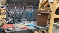 HAMPER W/ (4) TENNIS RACQUETS, SQUASH RACQUET