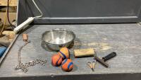 BOX W/ DOG DISH, CLIPPERS, CHAIN, GROOMING ITEMS, TOYS