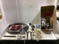 SHOP BOX OF MISCELLANEOUS W/ PROPANE HOSE, BIT SET, WRENCHES & SPRING DOOR STOP