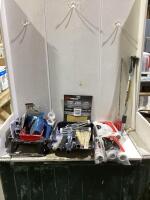 SHOP BOX OF PAINTING SUPPLIES W/ MIXERS, BUCKETS, TRAYS, ROLLERS, PAINT EDGER & MISCELLANEOUS